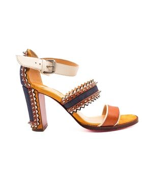 Christian Louboutin Denim Spiked Leather Block Heel Sandals EU 37